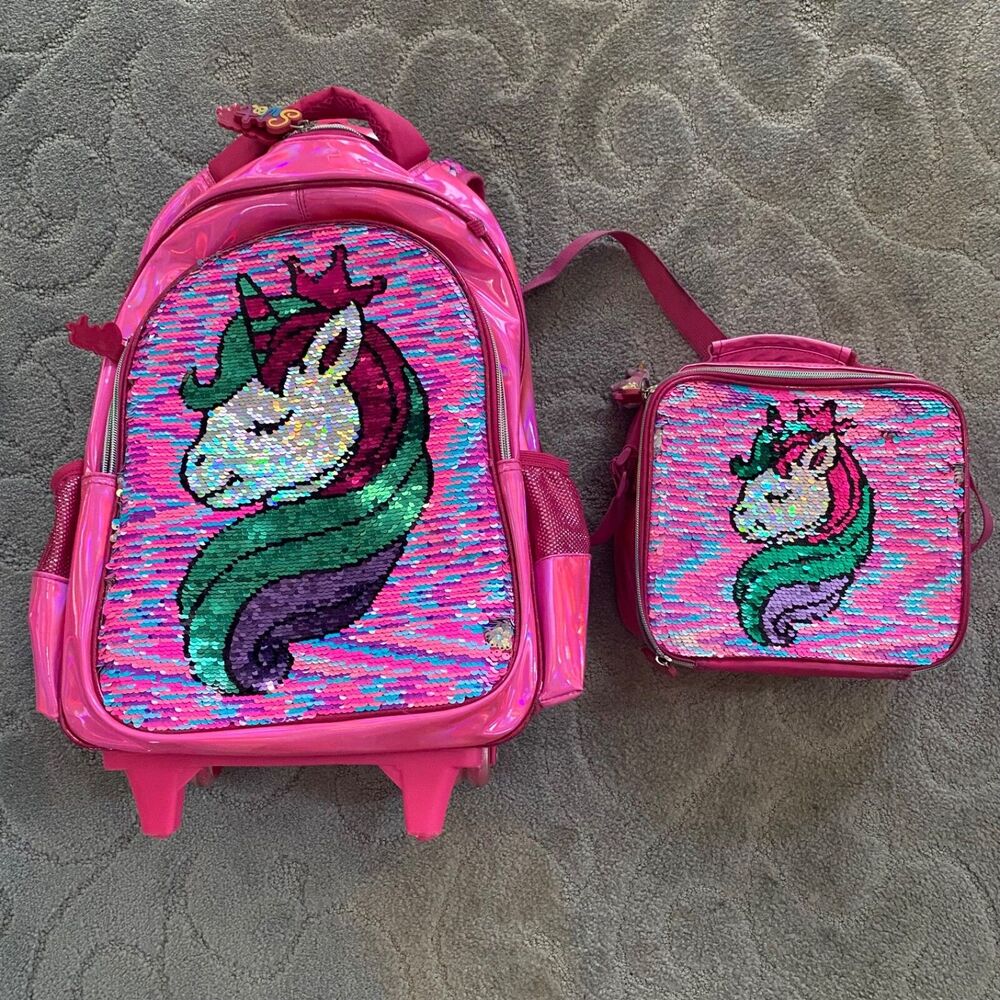 Jasminestar Rolling Backpack 17” girls unicorn flipable & lunchbox, Pencil Case
